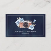 Navy Blue Floral Camera QR-code Fotograaf Visitekaartje (Voorkant)