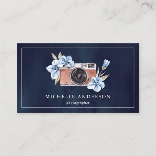Navy Blue Floral Camera QR-code Fotograaf Visitekaartje (Voorkant)