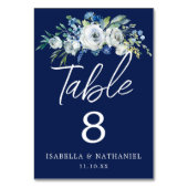 Navy Blue Floral Chic Winter Wedding Table Number Kaart (Achterkant)