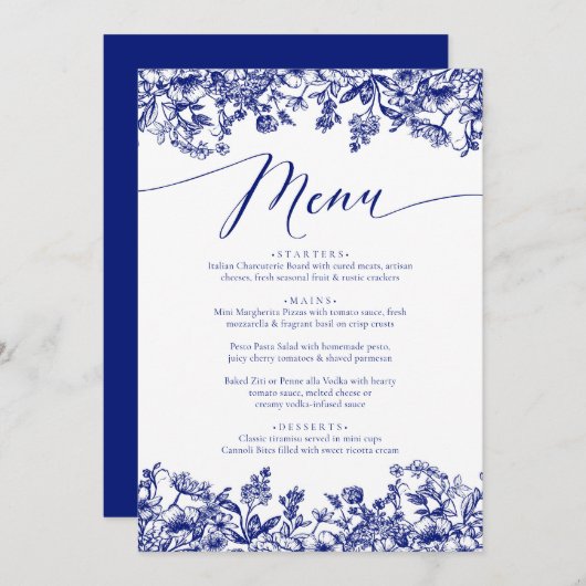 Navy Blue Floral Chinoiserie Botanical Menu (Voorkant / Achterkant)