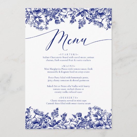  Navy Blue Floral Chinoiserie Botanical Menu (Voorkant)