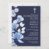 Navy Blue Floral Christelijk Memorial Begrafenisfo Kaart (Voorkant)