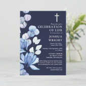 Navy Blue Floral Christelijk Memorial Begrafenisfo Kaart (Staand voorkant)