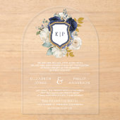 Navy Blue Floral Crest Monogram Huwelijk Acryl Uitnodigingen (Voorkant)