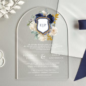 Navy Blue Floral Crest Monogram Huwelijk Acryl Uitnodigingen