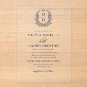 Navy Blue Floral Crest Monogram Huwelijk Elegant Acryl Uitnodigingen (Voorkant)