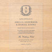 Navy Blue Floral Crest Monogram Huwelijk Elegant Acryl Uitnodigingen (Voorkant)