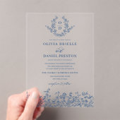 Navy Blue Floral Crest Monogram Huwelijk Elegant Acryl Uitnodigingen (Insitu (Draagbaar))