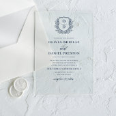 Navy Blue Floral Crest Monogram Huwelijk Elegant Acryl Uitnodigingen