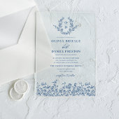 Navy Blue Floral Crest Monogram Huwelijk Elegant Acryl Uitnodigingen