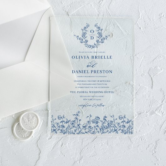 Navy Blue Floral Crest Monogram Huwelijk Elegant Acryl Uitnodigingen
