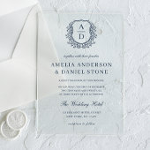 Navy Blue Floral Crest Monogram Huwelijk Elegant Acryl Uitnodigingen