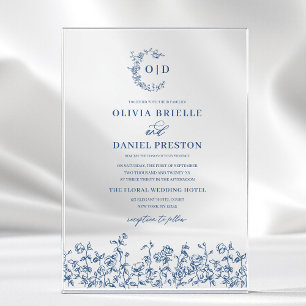 Navy Blue Floral Crest Monogram Huwelijk Elegant Acryl Uitnodigingen