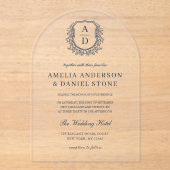 Navy Blue Floral Crest Monogram Huwelijk Elegant Acryl Uitnodigingen (Voorkant)