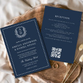 Navy Blue Floral Crest Monogram Wedding QR Code Kaart