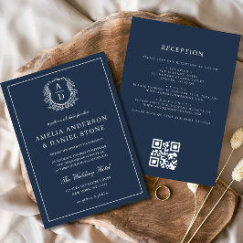 Navy Blue Floral Crest Monogram Wedding QR Code Kaart