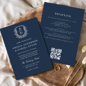 Navy Blue Floral Crest Monogram Wedding QR Code Kaart