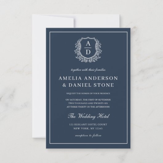Navy Blue Floral Crest Monogram Wedding QR Code Kaart (Voorkant)