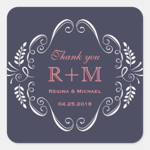 Navy Blue Floral Curl Wedding Favor Sticker