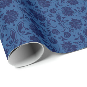 Navy Blue Floral Damasdonkerblauwe achtergrond Cadeaupapier