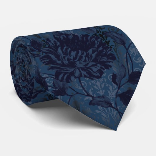 Navy Blue Floral Damask Aristocrat Wedding Stropdas (Opgerold)