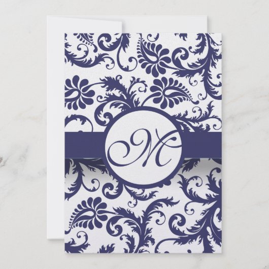 Navy Blue  Floral Damask Monogram Weddenschap Kaart (Voorkant)