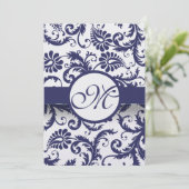 Navy Blue  Floral Damask Monogram Weddenschap Kaart (Staand voorkant)
