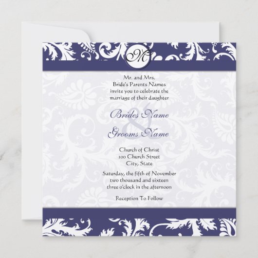 Navy Blue  Floral Damask Monogram Weddenschap Kaart (Voorkant)