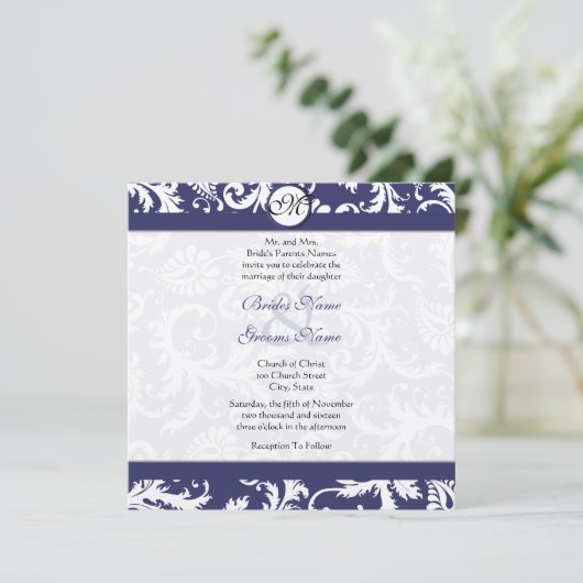 Navy Blue  Floral Damask Monogram Weddenschap Kaart (Staand voorkant)