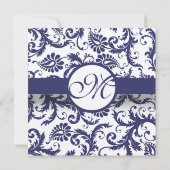 Navy Blue  Floral Damask Monogram Weddenschap Kaart (Achterkant)