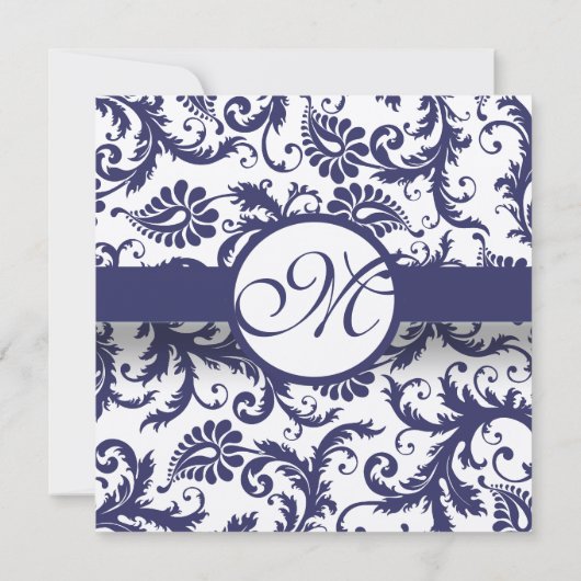 Navy Blue  Floral Damask Monogram Weddenschap Kaart (Achterkant)