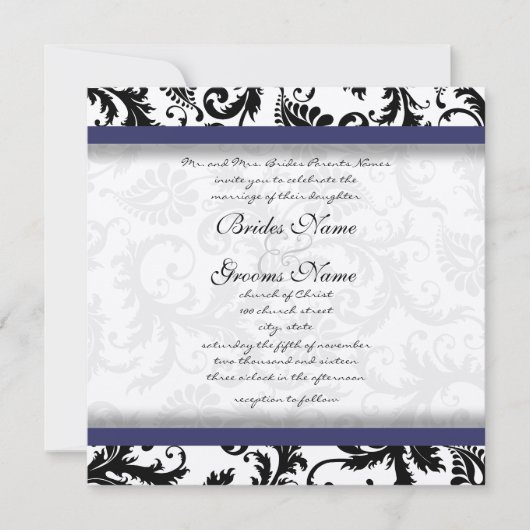 Navy Blue Floral Damask Monogram Weddenschap Kaart (Voorkant)