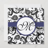 Navy Blue Floral Damask Monogram Weddenschap Kaart (Achterkant)