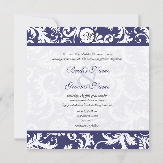 Navy Blue Floral Damask Monogram Weddenschap Kaart (Voorkant)