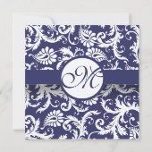 Navy Blue Floral Damask Monogram Weddenschap Kaart (Achterkant)