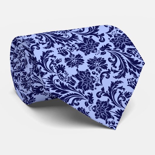 Navy-Blue Floral Damaslicht blauwe achtergrond Stropdas (Opgerold)