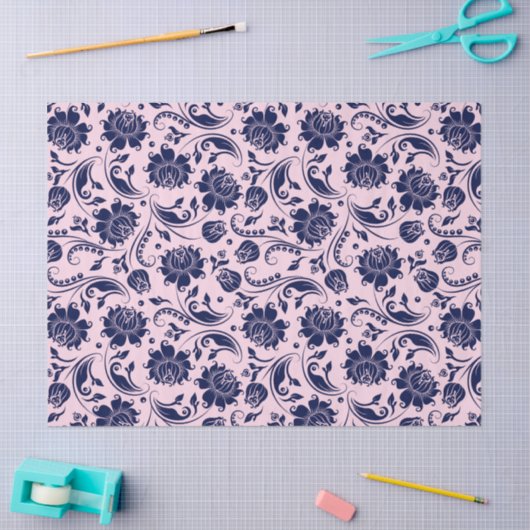 Navy Blue Floral Damasroze achtergrond Tissuepapier (Craft)
