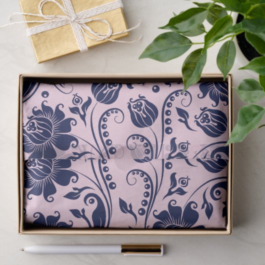 Navy Blue Floral Damasroze achtergrond Tissuepapier (Geschenk)