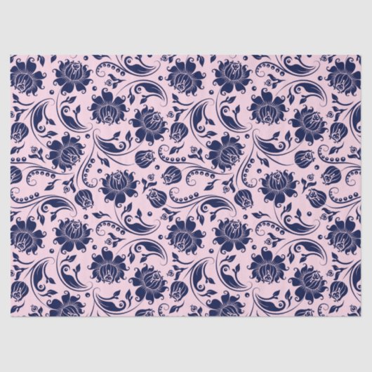 Navy Blue Floral Damasroze achtergrond Tissuepapier (Voorkant)
