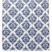 Navy Blue Floral DamasWhiteBackground Douchegordijn (Voorkant)