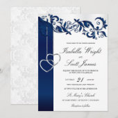 Navy Blue Floral Design Wedding Invitation Kaart (Voorkant / Achterkant)