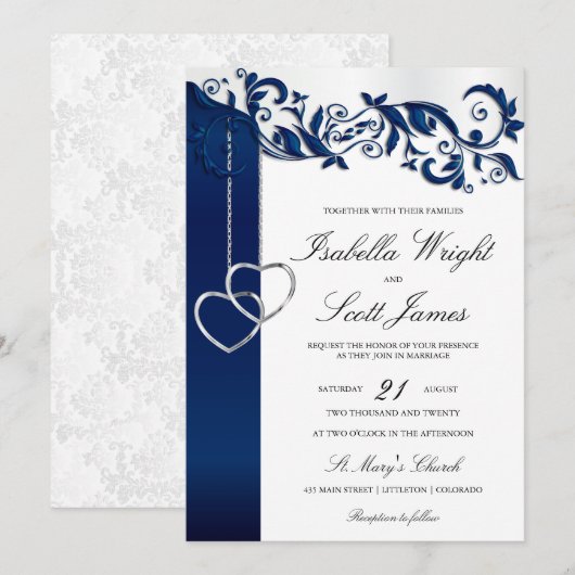 Navy Blue Floral Design Wedding Invitation Kaart (Voorkant / Achterkant)