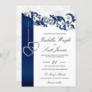 Navy Blue Floral Design Wedding Invitation Kaart