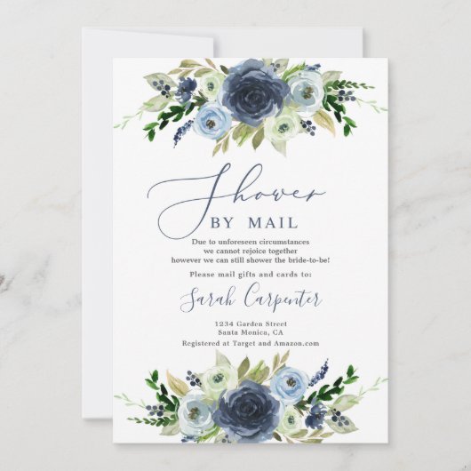 Navy blue floral douche per post Vrijgezellenfeest Kaart (Voorkant)