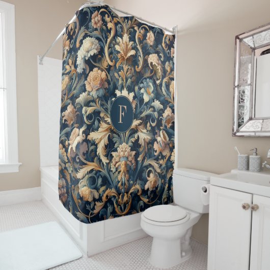 Navy blue floral douchegordijn (In situ)