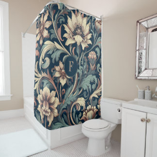 Navy blue floral douchegordijn