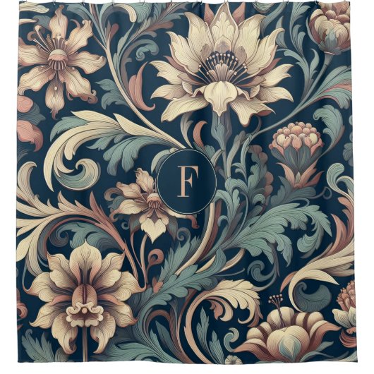 Navy blue floral douchegordijn (Voorkant)