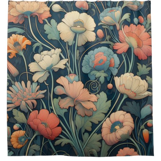 Navy blue floral douchegordijn (Voorkant)