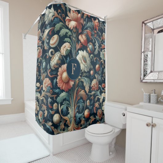 Navy blue floral douchegordijn (In situ)
