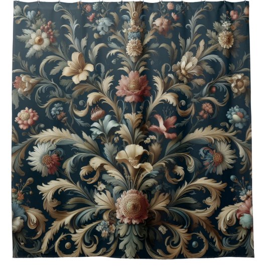 Navy blue floral douchegordijn (Voorkant)